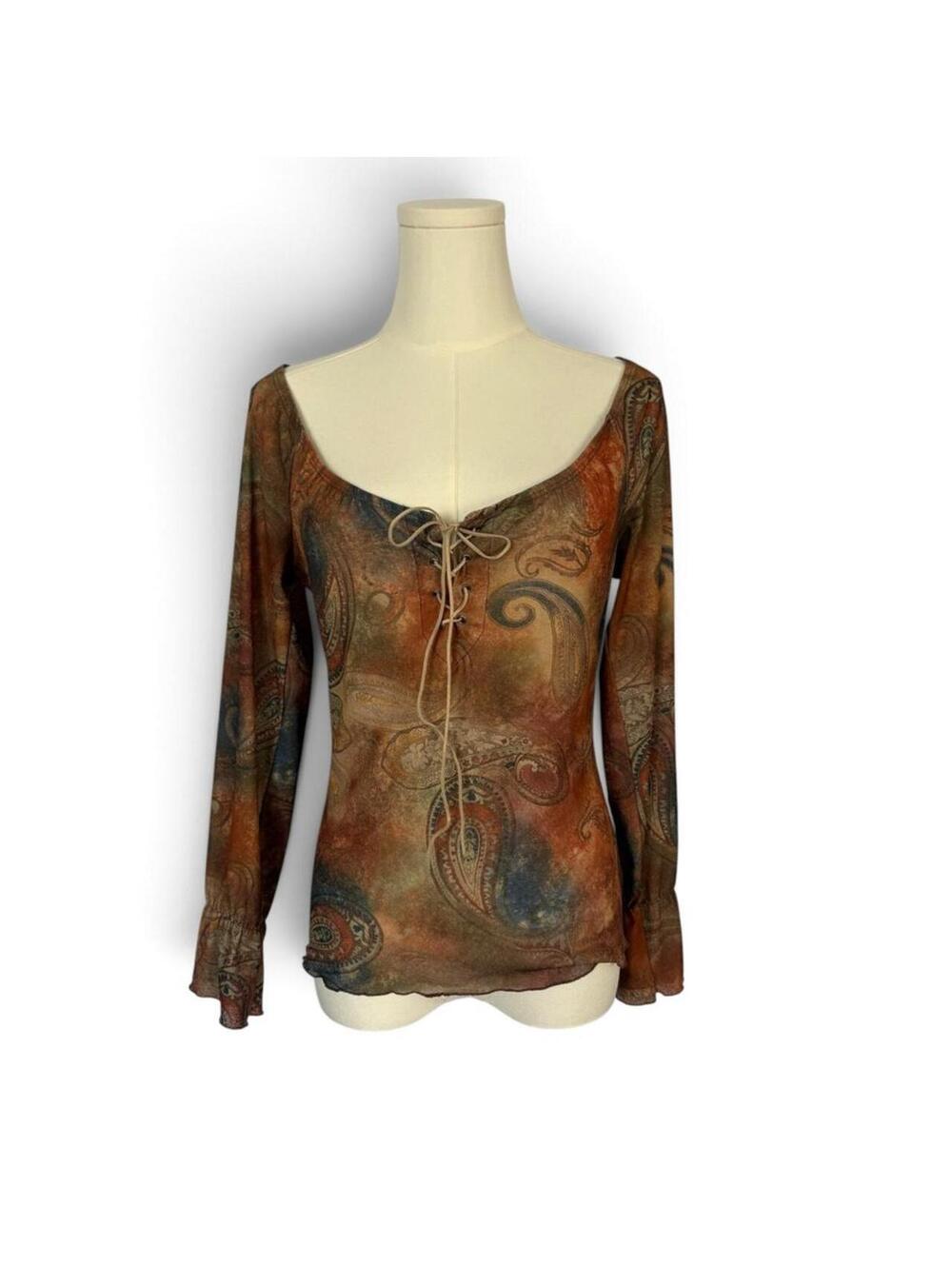 Y2K brown paisley print long sleeve blouse with lace up front and ruffle sleeves